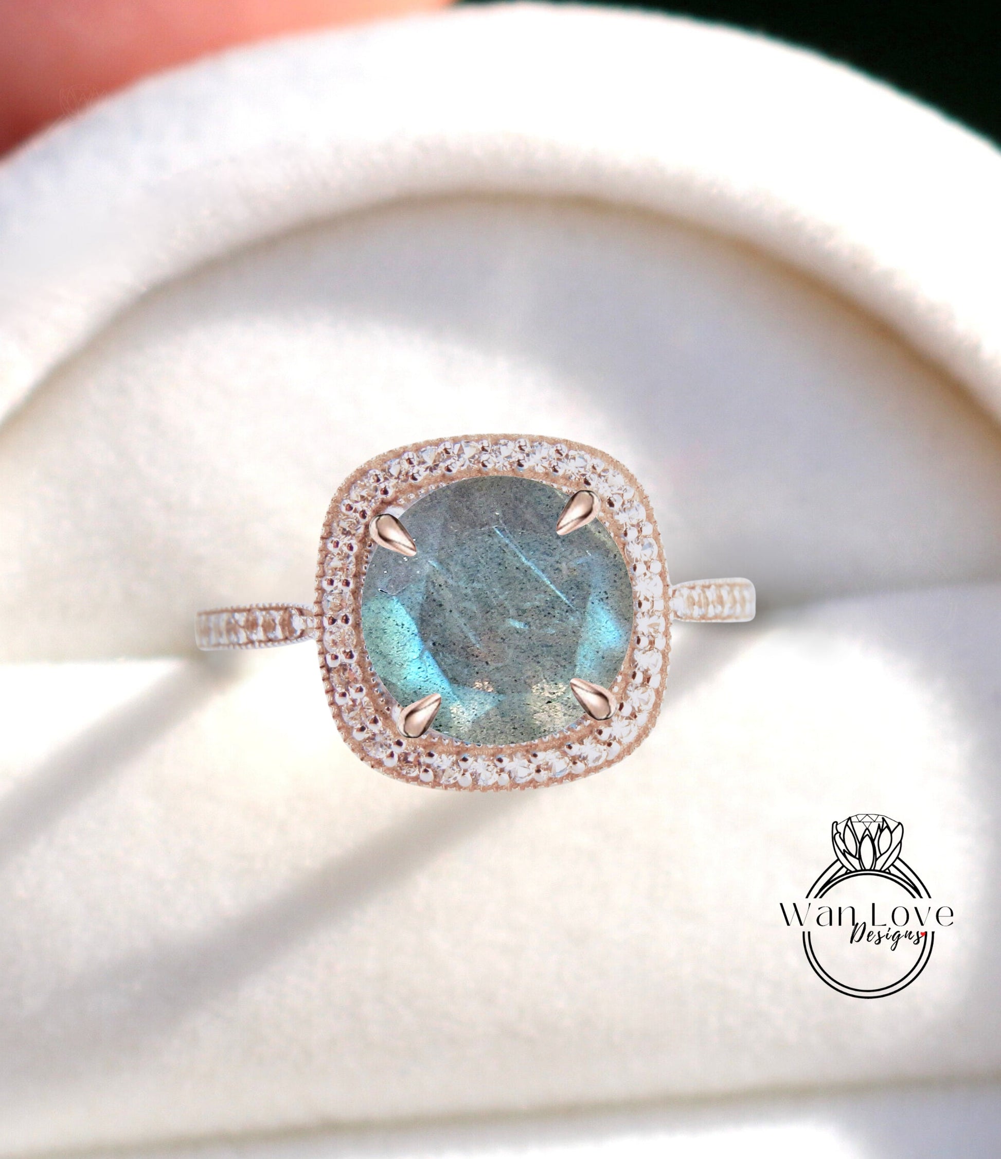 Cushion Halo Labradorite Engagement Ring, Diamond/Moissanite Halo Wedding Ring, Half Eternity Diamond Milgrain Custom Ring, 14k/18k Gold Ring Wan Love Designs