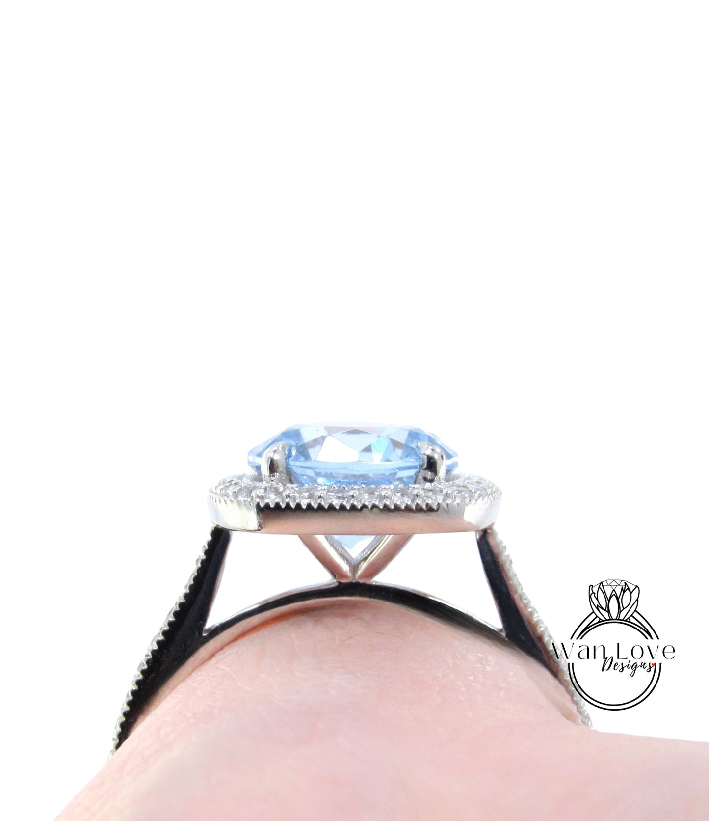 Cushion Halo Labradorite Engagement Ring, Diamond/Moissanite Halo Wedding Ring, Half Eternity Diamond Milgrain Custom Ring, 14k/18k Gold Ring Wan Love Designs