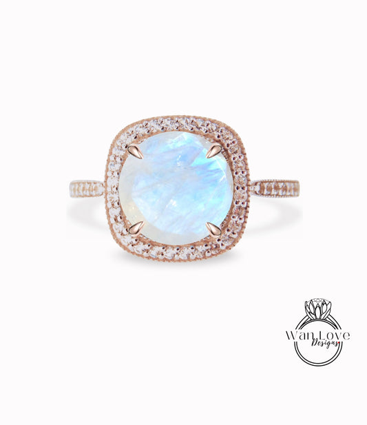 Cushion Halo Moonstone Engagement Ring, Diamond/Moissanite Halo Wedding Ring, Half Eternity Diamond Milgrain Custom Ring, 14k/18k Gold Ring Wan Love Designs