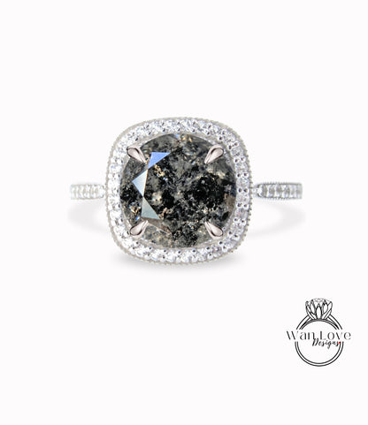 Cushion Halo Salt & Pepper Diamond Engagement Ring, Diamond Halo Wedding Ring, Half Eternity Diamond Milgrain Custom Ring, 14k/18k Gold Ring Wan Love Designs