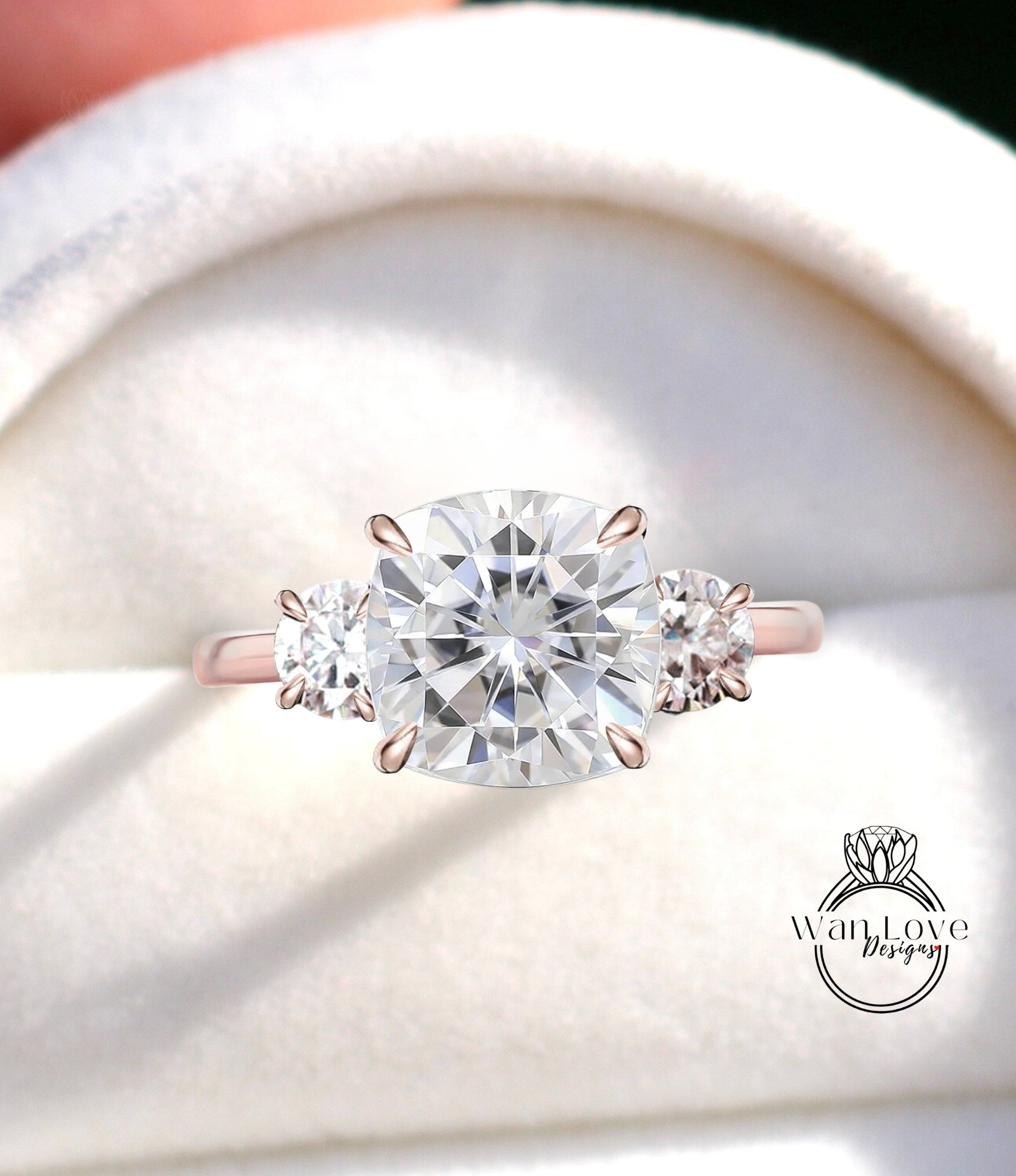Cushion Moissanite Diamond engagement ring rose gold vintage engagement ring womans round cut 3 gem Wedding Bridal ring Anniversary gift Wan Love Designs