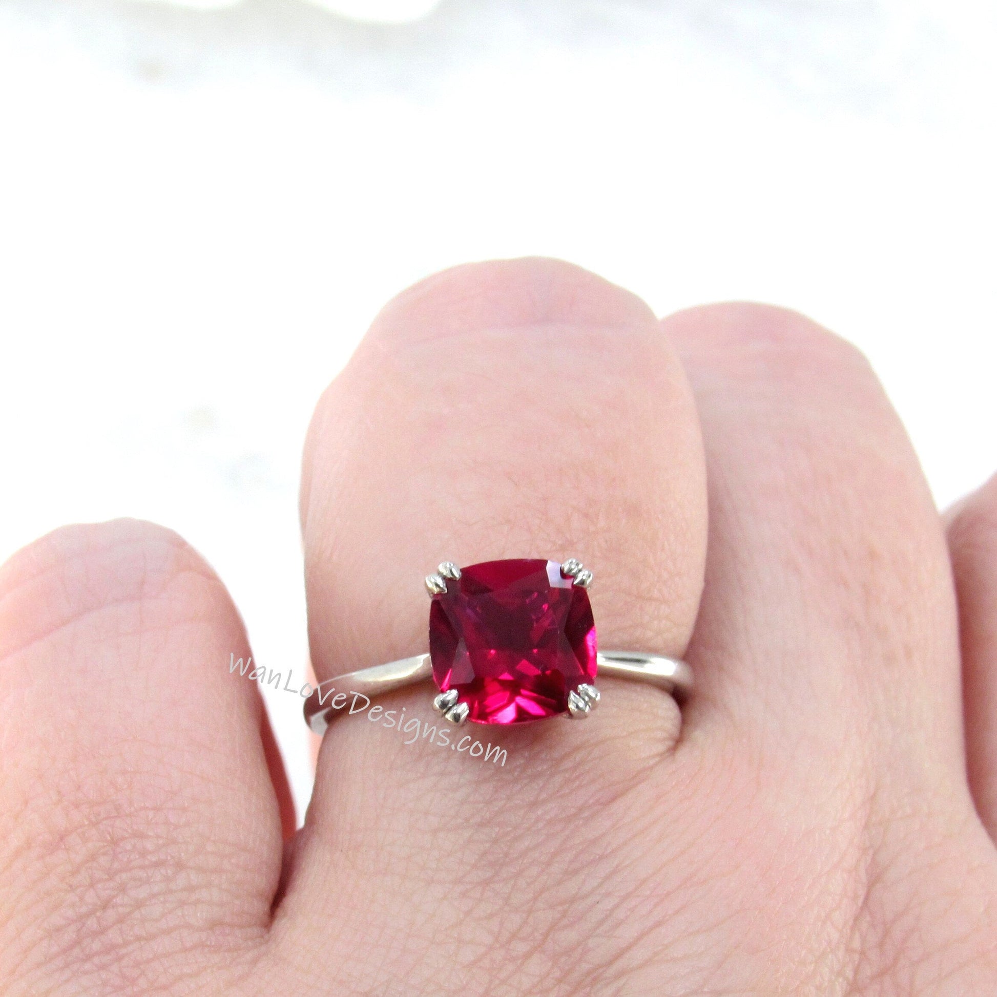 Cushion Ruby Solitaire Engagement Ring in 14k White Rose Yellow Gold, Custom Cushion Ruby Wedding Ring,Birthstone Bridal Ring WanLoveDesigns Wan Love Designs