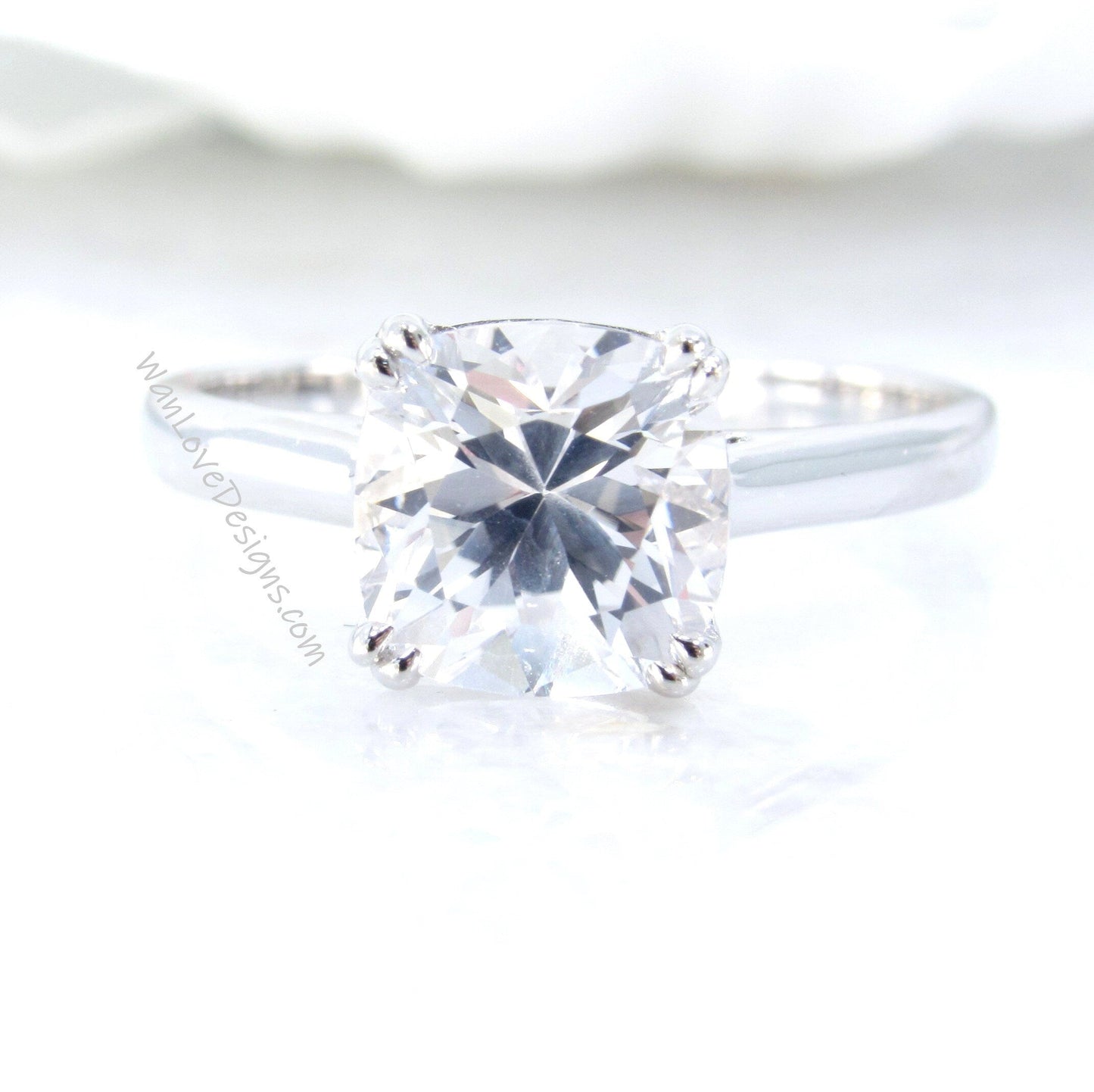 Cushion Solitaire Engagement Ring, White Sapphire Wedding Ring, Custom Gemstone Ring by WanLoveDesigns. 2.5ct 8mm, Ready to Ship Wan Love Designs