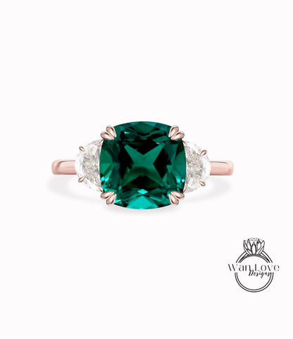Cushion cut Green Emerald engagement ring rose gold celebrity vintage engagement ring woman 3 gem Wedding Bridal ring Anniversary gift Wan Love Designs