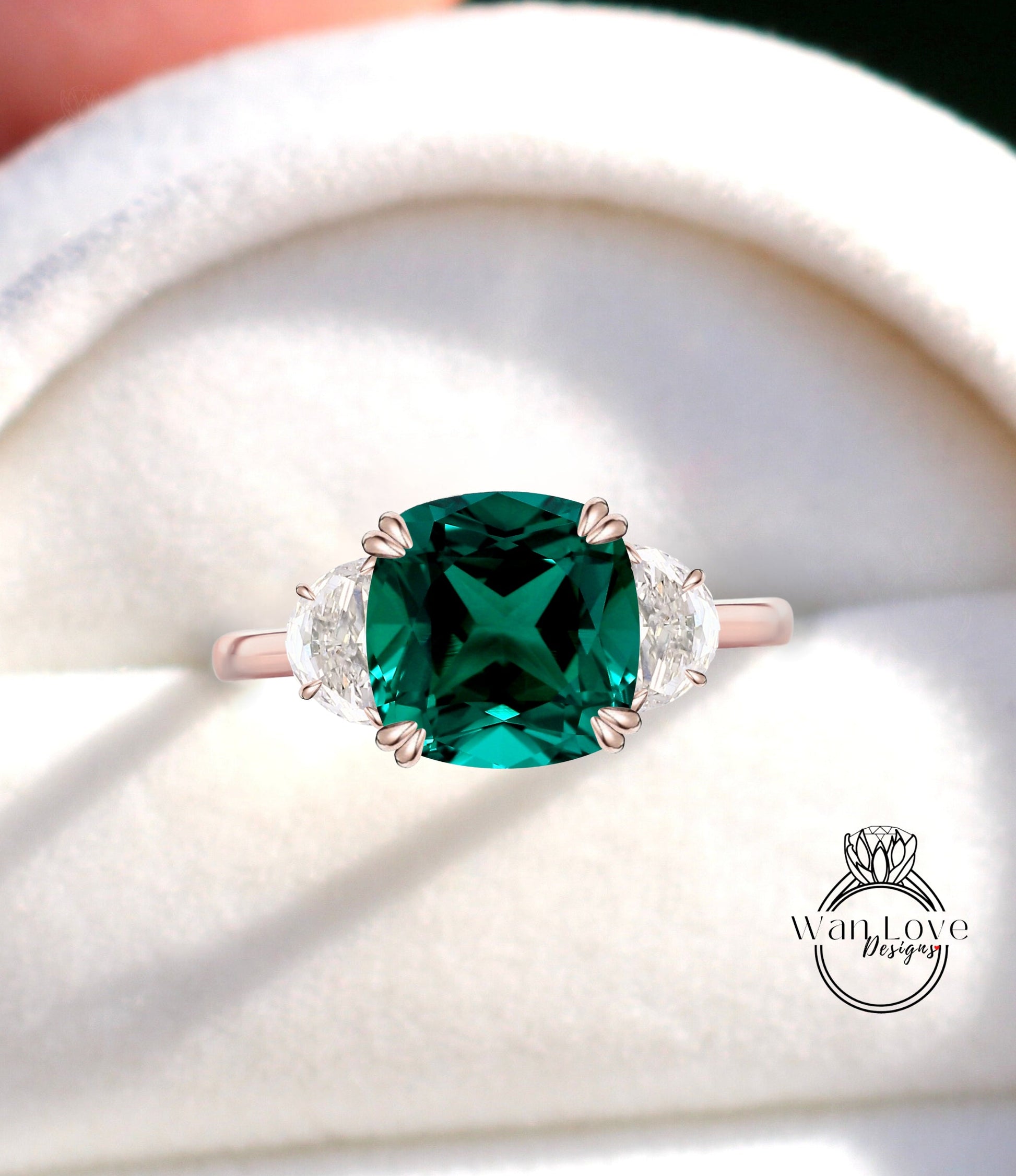 Cushion cut Green Emerald engagement ring rose gold celebrity vintage engagement ring woman 3 gem Wedding Bridal ring Anniversary gift Wan Love Designs