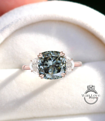 Cushion cut Grey Moissanite engagement ring gold celebrity vintage engagement ring woman 3 gem Wedding Bridal ring Anniversary gift Wan Love Designs