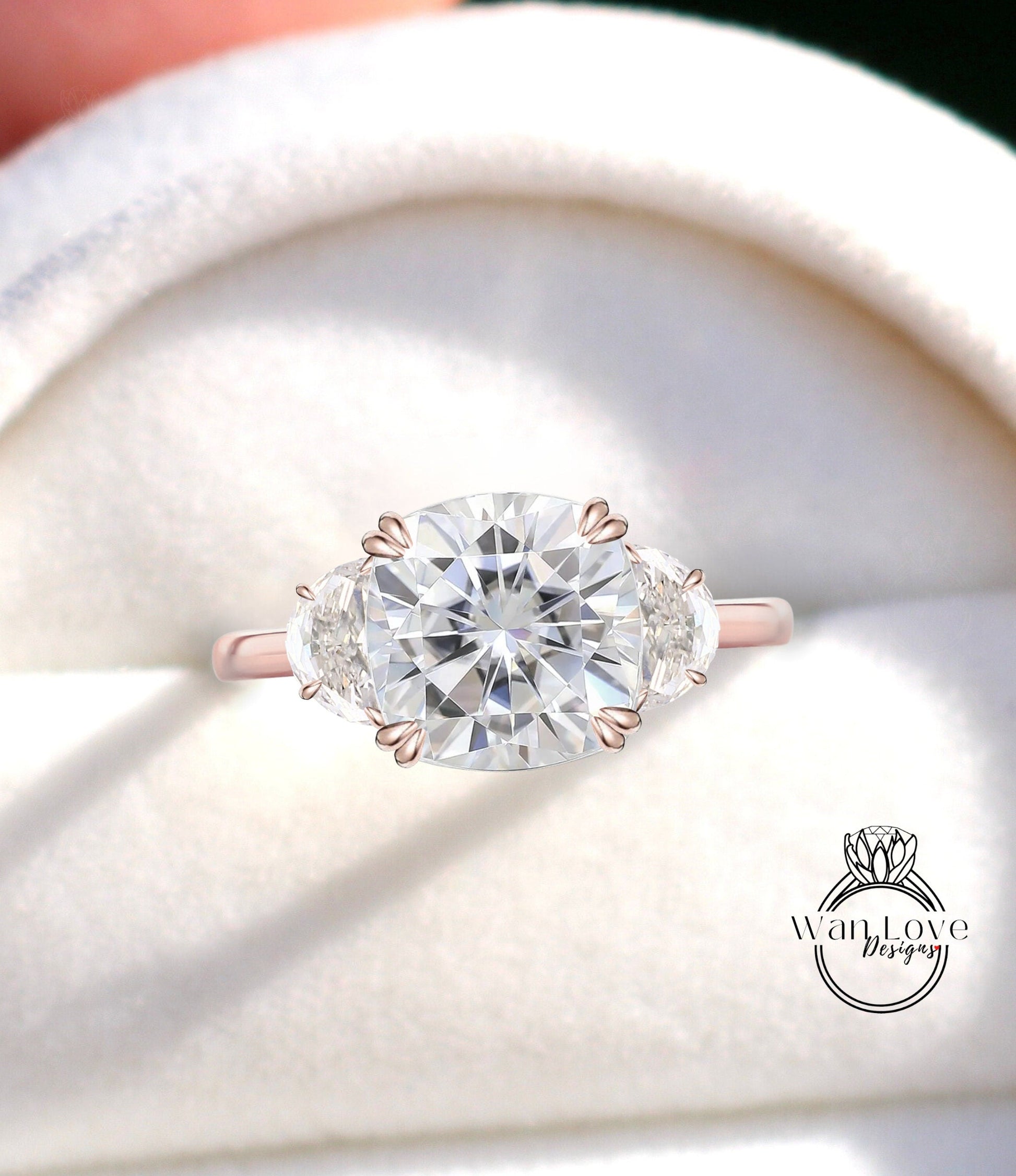 Cushion cut Moissanite diamond half moon engagement ring gold vintage engagement ring woman 3 gem Wedding Bridal ring Anniversary gift Wan Love Designs