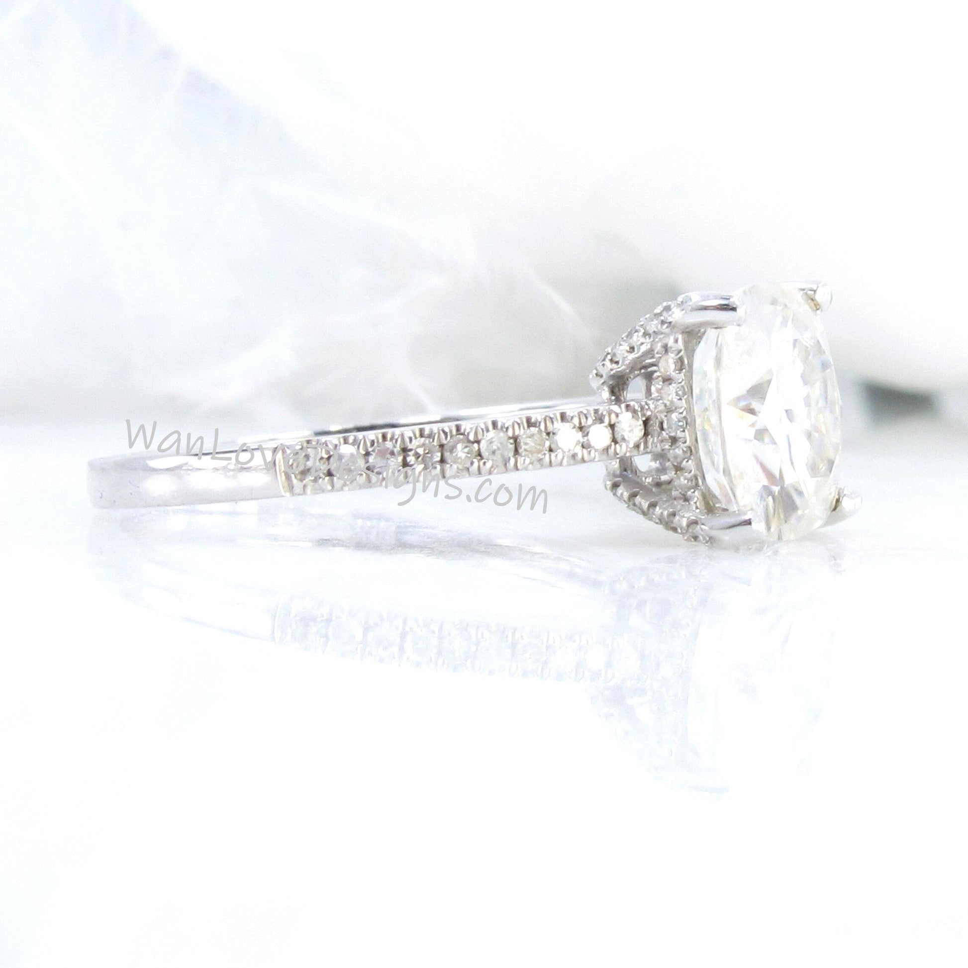 Cushion cut moissanite engagement ring white gold diamond side halo art deco half eternity ring vintage pave ring bridal anniversary ring Wan Love Designs