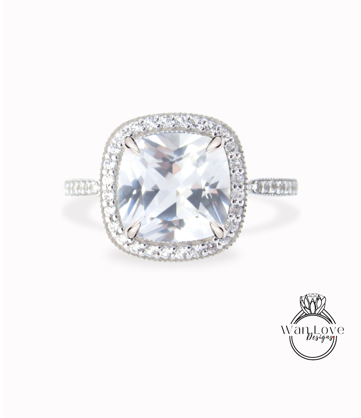 White Sapphire & Diamond Antique Cushion Halo Filigree Engagement Ring, 14k 18k White Yellow Rose Gold-Platinum-Custom-Wedding-Promise-Round