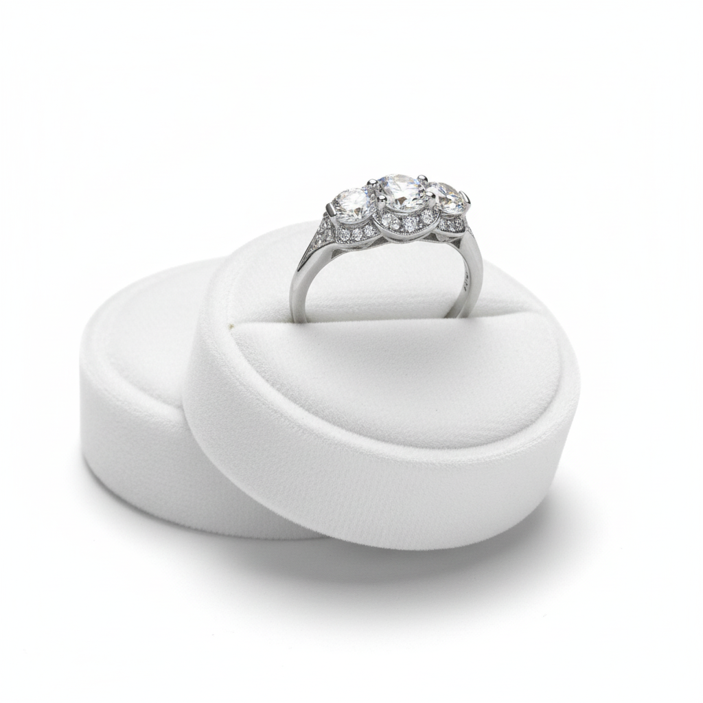 Inserzione personalizzata, anello di fidanzamento Moissanite con 3 pietre preziose Halo, rotondo, 1 ct, 6,5 mm, 4 m, 14 kt, 18 kt