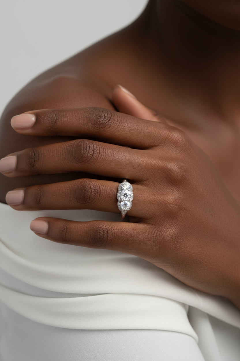 Inserzione personalizzata, anello di fidanzamento Moissanite con 3 pietre preziose Halo, rotondo, 1 ct, 6,5 mm, 4 m, 14 kt, 18 kt