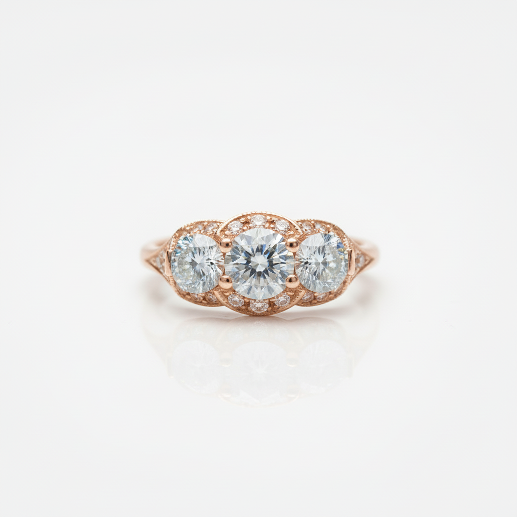 Inserzione personalizzata, anello di fidanzamento Moissanite con 3 pietre preziose Halo, rotondo, 1 ct, 6,5 mm, 4 m, 14 kt, 18 kt