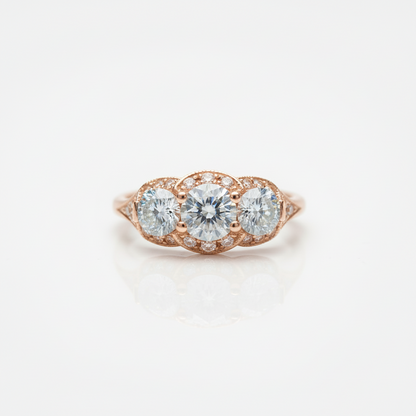 Inserzione personalizzata, anello di fidanzamento Moissanite con 3 pietre preziose Halo, rotondo, 1 ct, 6,5 mm, 4 m, 14 kt, 18 kt