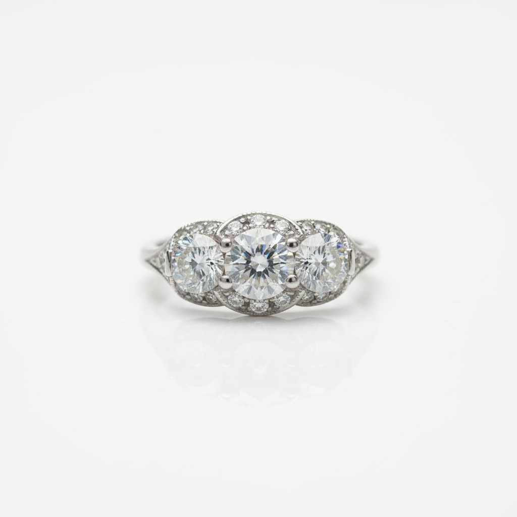 Inserzione personalizzata, anello di fidanzamento Moissanite con 3 pietre preziose Halo, rotondo, 1 ct, 6,5 mm, 4 m, 14 kt, 18 kt