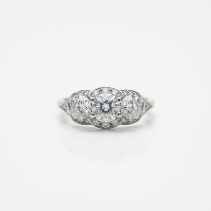 Inserzione personalizzata, anello di fidanzamento Moissanite con 3 pietre preziose Halo, rotondo, 1 ct, 6,5 mm, 4 m, 14 kt, 18 kt