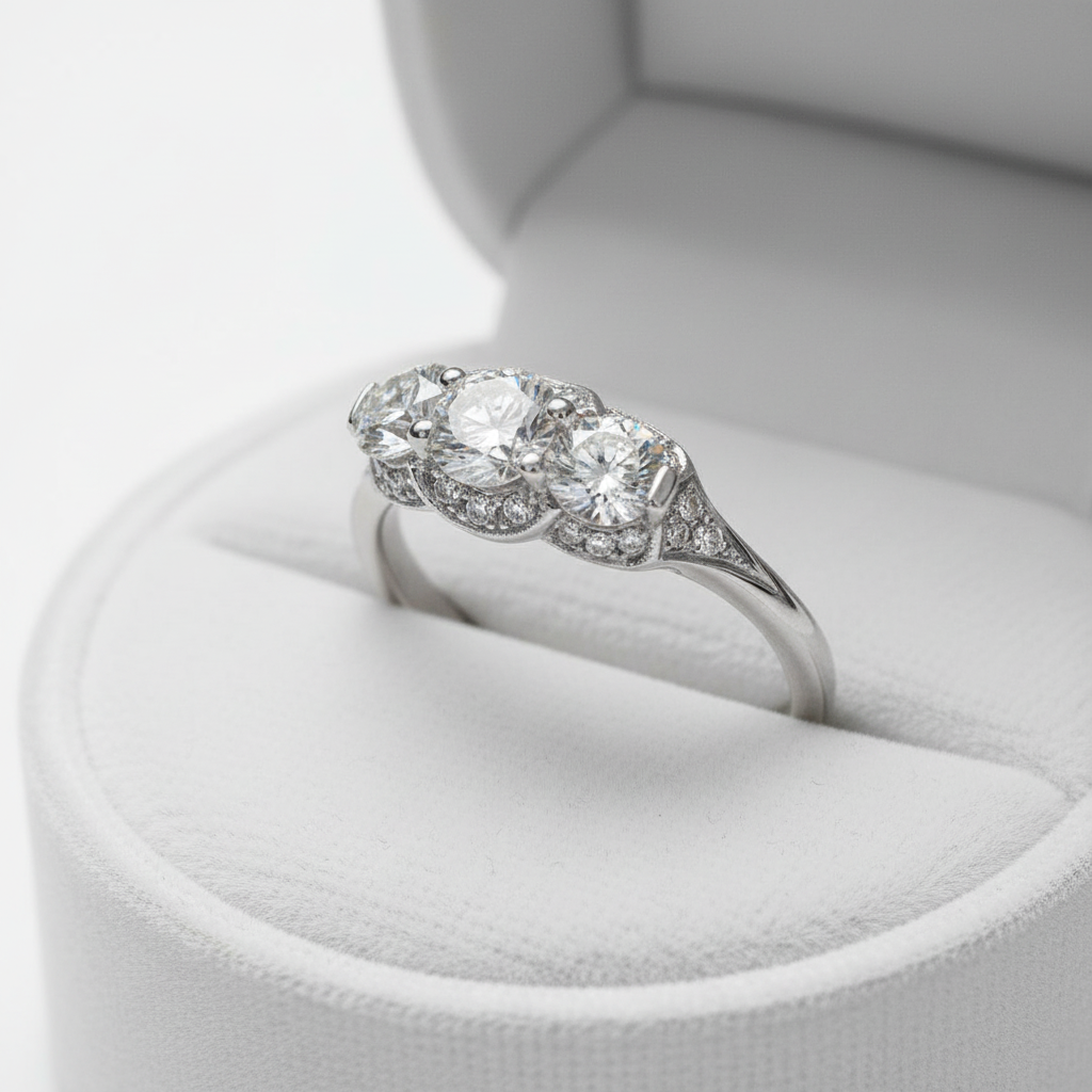 Inserzione personalizzata, anello di fidanzamento Moissanite con 3 pietre preziose Halo, rotondo, 1 ct, 6,5 mm, 4 m, 14 kt, 18 kt