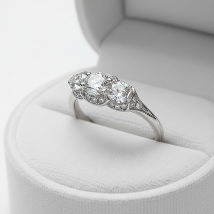 Inserzione personalizzata, anello di fidanzamento Moissanite con 3 pietre preziose Halo, rotondo, 1 ct, 6,5 mm, 4 m, 14 kt, 18 kt