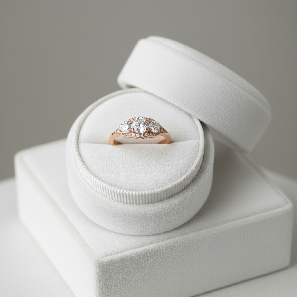 Inserzione personalizzata, anello di fidanzamento Moissanite con 3 pietre preziose Halo, rotondo, 1 ct, 6,5 mm, 4 m, 14 kt, 18 kt