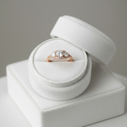 Inserzione personalizzata, anello di fidanzamento Moissanite con 3 pietre preziose Halo, rotondo, 1 ct, 6,5 mm, 4 m, 14 kt, 18 kt