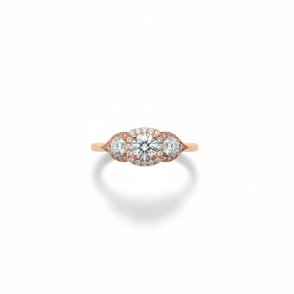 Inserzione personalizzata, anello di fidanzamento Moissanite con 3 pietre preziose Halo, rotondo, 1 ct, 6,5 mm, 4 m, 14 kt, 18 kt