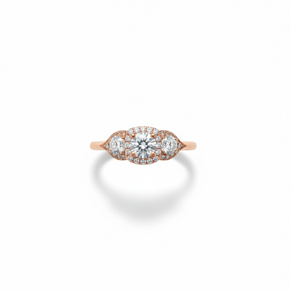 Inserzione personalizzata, anello di fidanzamento Moissanite con 3 pietre preziose Halo, rotondo, 1 ct, 6,5 mm, 4 m, 14 kt, 18 kt