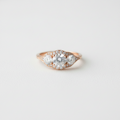 Inserzione personalizzata, anello di fidanzamento Moissanite con 3 pietre preziose Halo, rotondo, 1 ct, 6,5 mm, 4 m, 14 kt, 18 kt