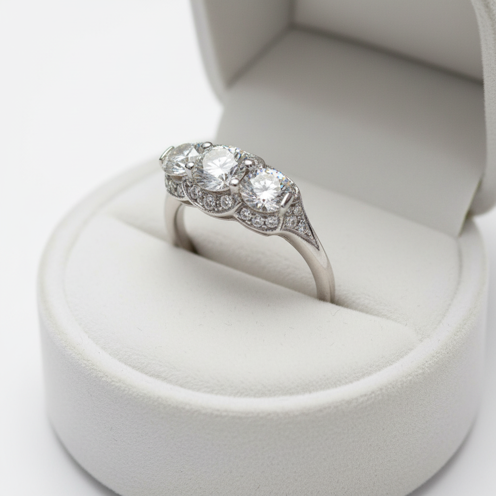 Inserzione personalizzata, anello di fidanzamento Moissanite con 3 pietre preziose Halo, rotondo, 1 ct, 6,5 mm, 4 m, 14 kt, 18 kt