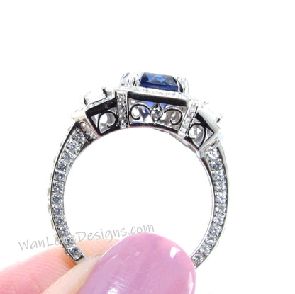 Custom Listing for Judy Moissanite & Blue Sapphire Art deco half moon trapezoid cut engagement ring gold 3 Gemstone Anniversary ring unique Emerald cut ring Wan Love Designs