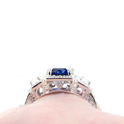 Custom Listing for Judy Moissanite & Blue Sapphire Art deco half moon trapezoid cut engagement ring gold 3 Gemstone Anniversary ring unique Emerald cut ring Wan Love Designs