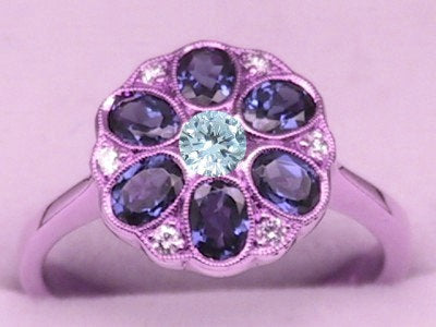 Custom Lotus pod Blue White Sapphire Round Oval cut Halo Engagement Ring Milgrain,1ct,6mm, 14k 18k Wan Love Designs