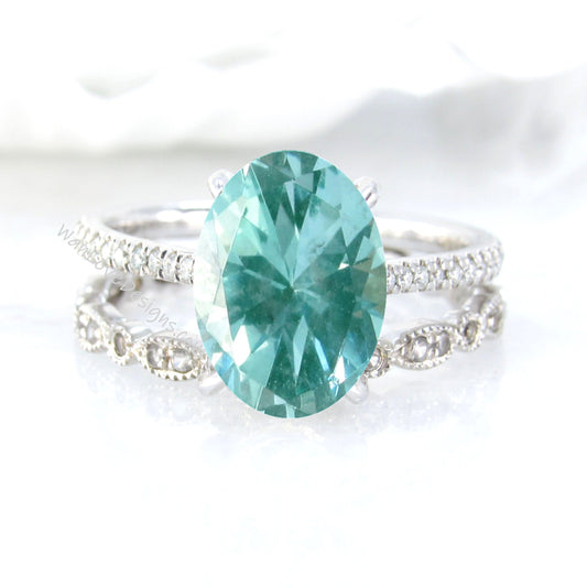 Custom for Maureen Teal Spinel & Diamond Oval Milgrain Engagement Ring set, Scalloped Wedding Band, Custom Wan Love Designs