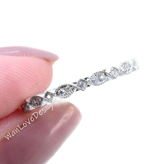 Dainty Diamond Art Deco Milgrain Wedding Band, Moissanite Stacking Band, Diamond Vintage Band, Diamond Art Deco Almost Eternity Band Wan Love Designs