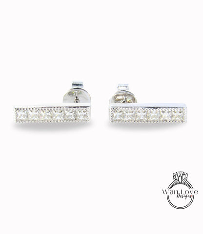 Dainty Milgrain Bar Drop Earrings • Princess Diamond Studs • Moissanite Bar Earrings • Birthstone Princess Earrings • Wedding Jewelry Gifts Wan Love Designs