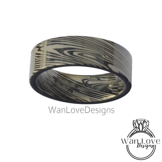 Damascus Tungsten Ring, Damascus Mens Wedding Band – Unique Ring for Men – Damascus Black Ring - Damascus Blue Silver Ring, 8mm wide Wan Love Designs