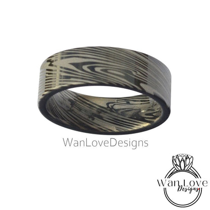 Damascus Tungsten Ring, Damascus Mens Wedding Band – Unique Ring for Men – Damascus Black Ring - Damascus Blue Silver Ring, 8mm wide Wan Love Designs