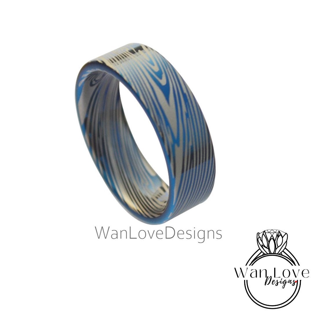 Damascus Tungsten Ring, Damascus Mens Wedding Band – Unique Ring for Men – Damascus Black Ring - Damascus Blue Silver Ring, 8mm wide Wan Love Designs