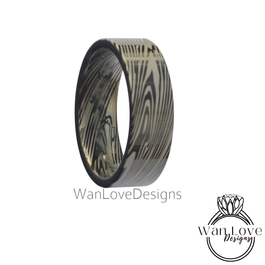 Damascus Tungsten Ring, Damascus Mens Wedding Band – Unique Ring for Men – Damascus Black Ring - Damascus Blue Silver Ring, 8mm wide Wan Love Designs