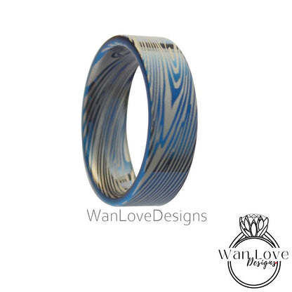 Damascus Tungsten Ring, Damascus Mens Wedding Band – Unique Ring for Men – Damascus Black Ring - Damascus Blue Silver Ring, 8mm wide Wan Love Designs