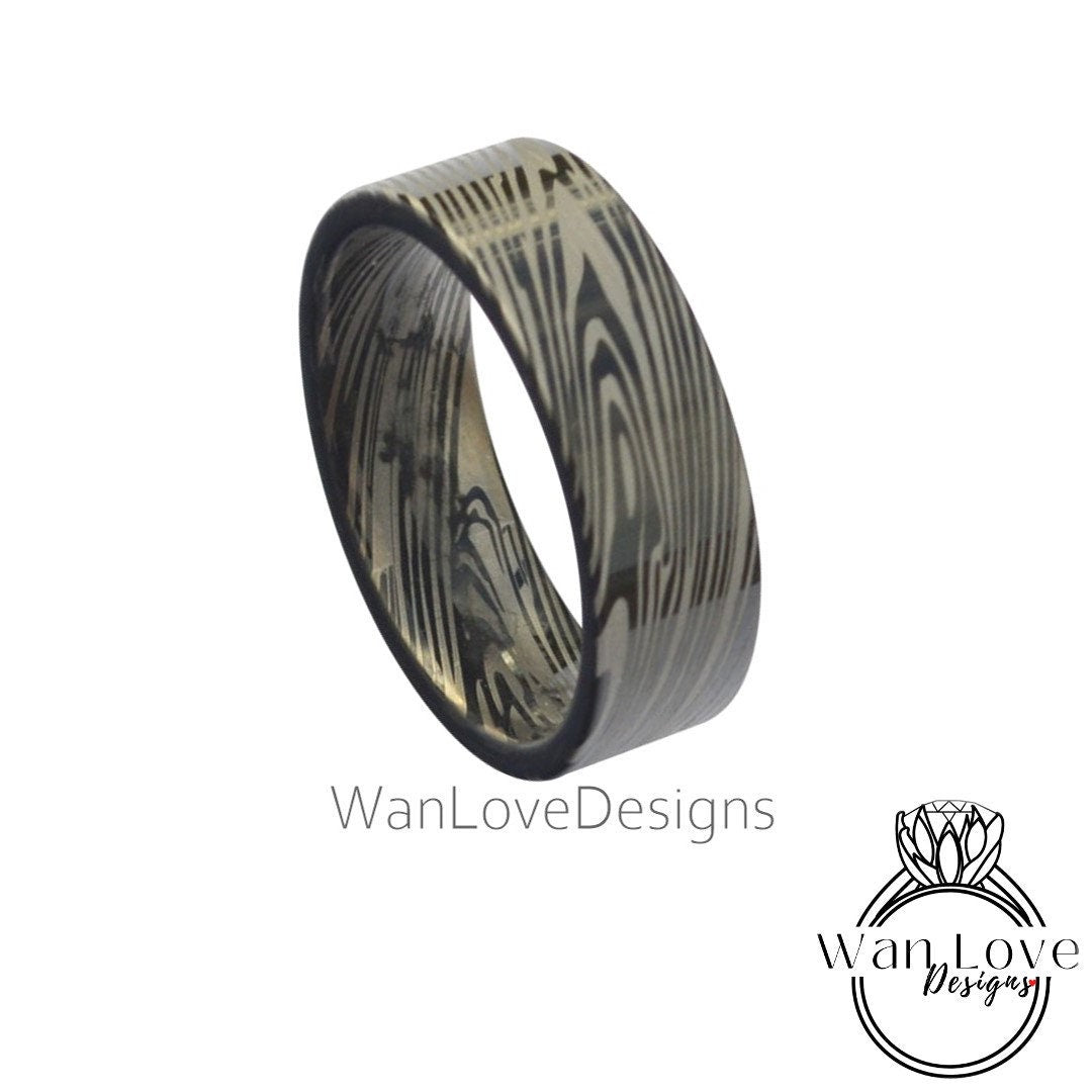 Damascus Tungsten Ring, Damascus Mens Wedding Band – Unique Ring for Men – Damascus Black Ring - Damascus Blue Silver Ring, 8mm wide Wan Love Designs