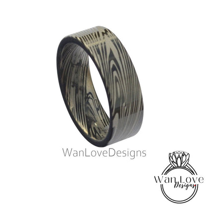 Damascus Tungsten Ring, Damascus Mens Wedding Band – Unique Ring for Men – Damascus Black Ring - Damascus Blue Silver Ring, 8mm wide Wan Love Designs