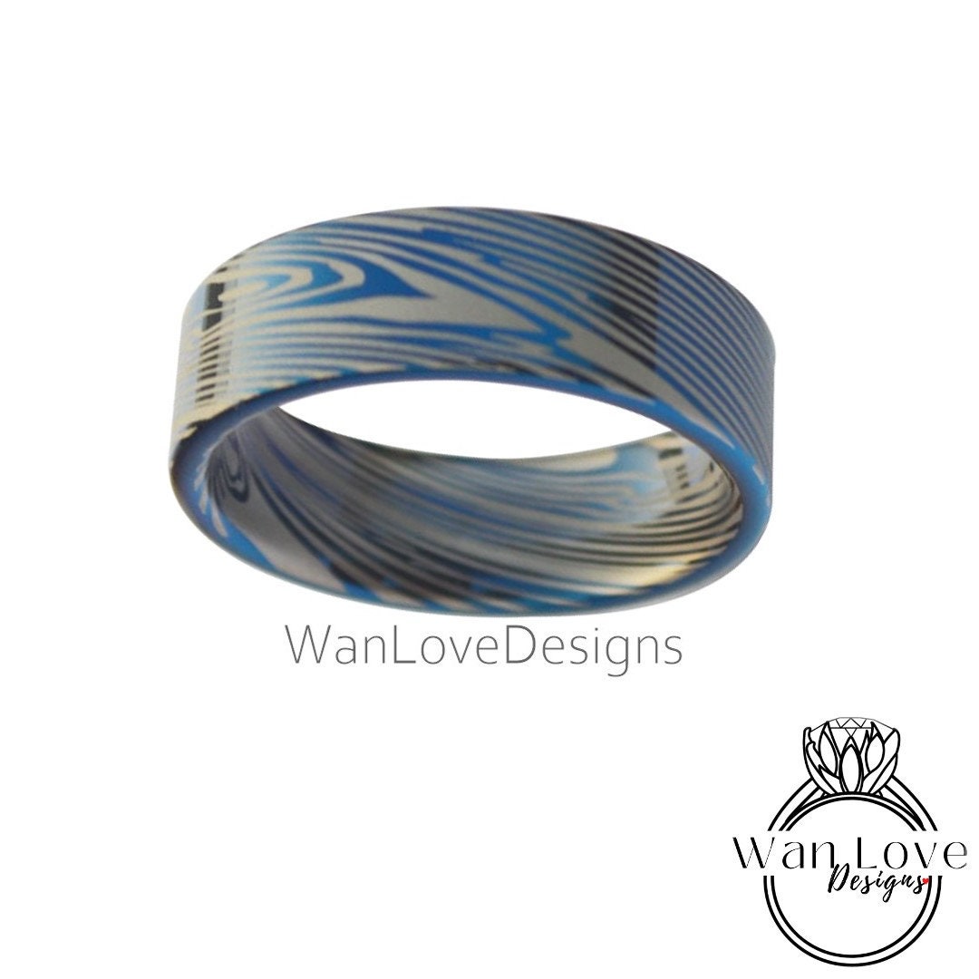 Damascus Tungsten Ring, Damascus Mens Wedding Band – Unique Ring for Men – Damascus Black Ring - Damascus Blue Silver Ring, 8mm wide Wan Love Designs