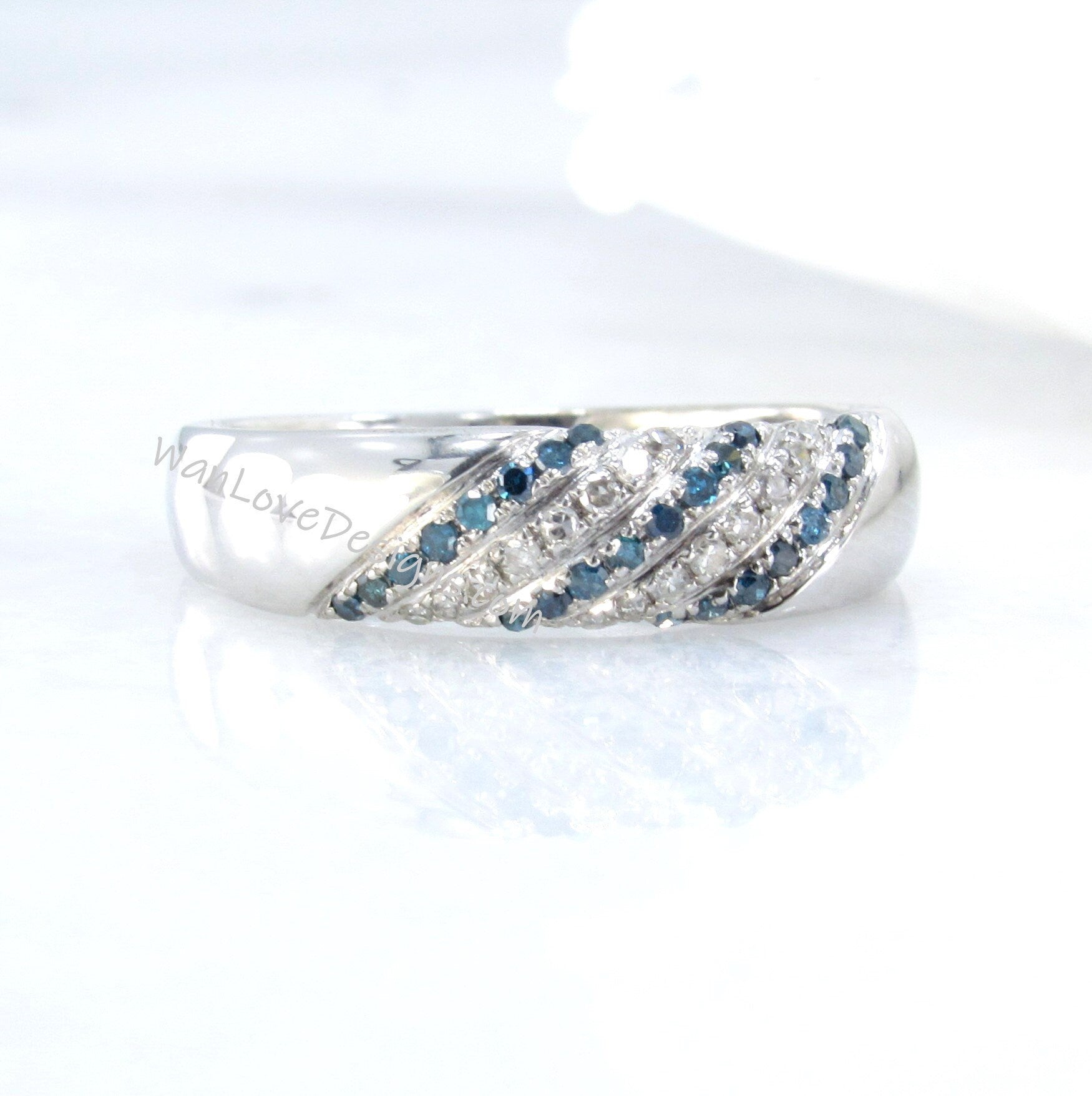 Diagonal Blue White Diamond Band | Round Pave Diamond Band | Wedding Band | Engagement Ring | Cross Anniversary Gift | Ready to Ship Band Wan Love Designs