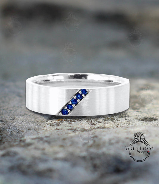 Diagonal Men's Sapphire Ring - Sapphire Ring Men - Diamonds Wedding Band - 5mm Band Moissanite - Unique Mens Band - 14k Gold - Ring For Men Wan Love Designs