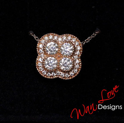 Diamond Clover Necklace, Diamond Halo Pendant Necklace, Quatrefoil Birthstone Charm, 18K White Gold Diamond Flower Necklace Cross Pendant Wan Love Designs