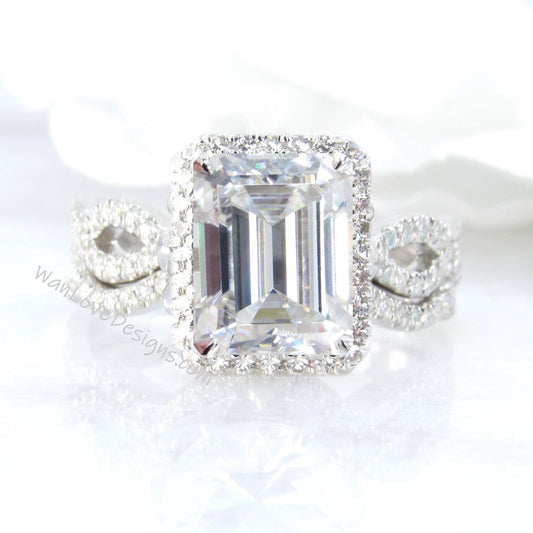 Diamond Emerald Halo Ring Unique Bridal Engagement Set Radiant Cut Infinity Twisted Diamond Band Ring Custom Handmade IGI Diamond Ring set Wan Love Designs