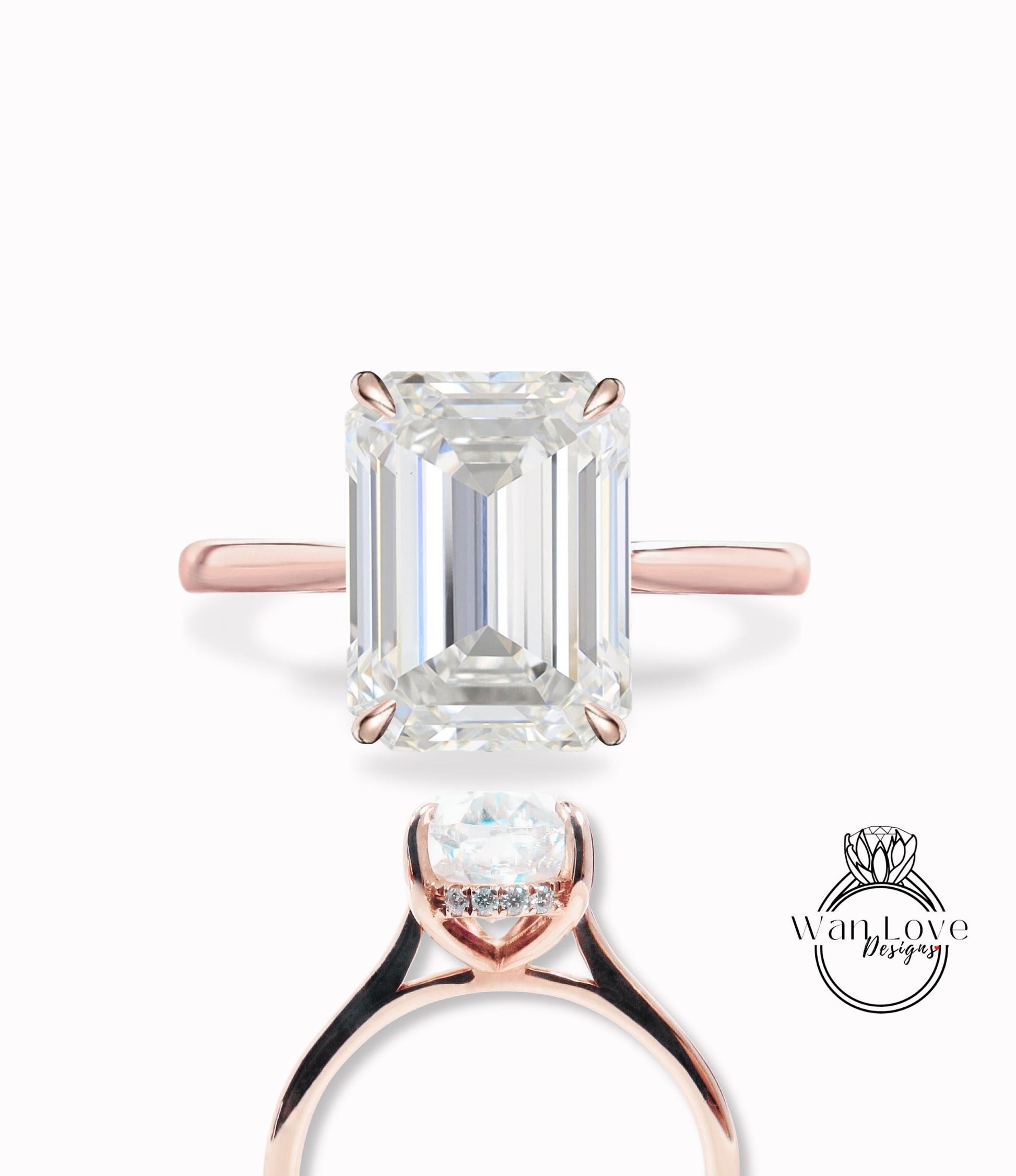 Diamond Emerald Side halo engagement ring Tapered plain band Lab Diamond ring rose gold prong ring Art deco Solitaire wedding bridal Anniversary promise Wan Love Designs