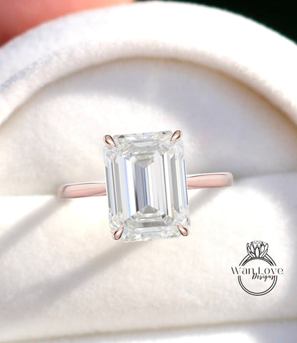 Diamond Emerald Side halo engagement ring Tapered plain band Lab Diamond ring rose gold prong ring Art deco Solitaire wedding bridal Anniversary promise Wan Love Designs