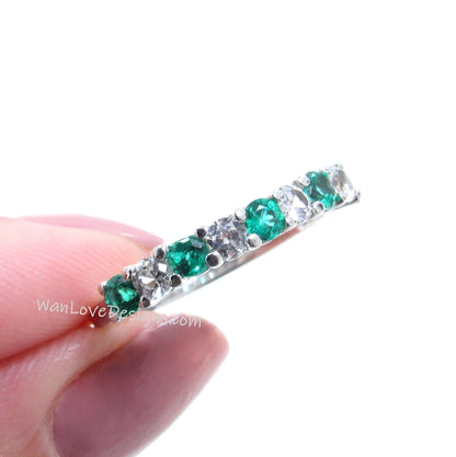 Diamond Emerald Wedding Band white gold round cut 7 gem moissanite ring Bridal Stacking matching band Promise Anniversary shared prong ring Wan Love Designs