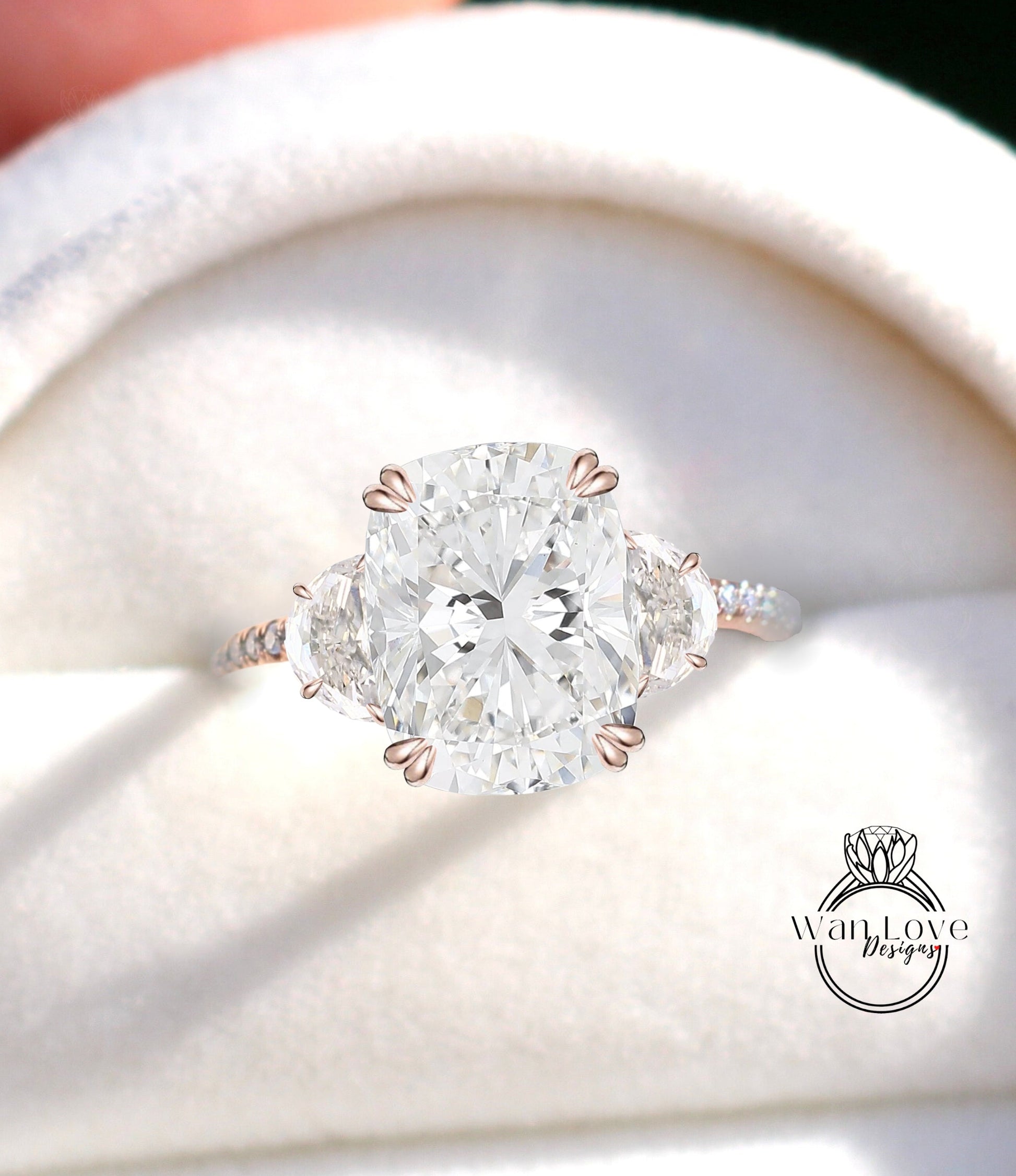 Diamond Engagement Ring Elongated Cushion Half Moon 3 Gem Stone 14k 18k White Yellow Rose Gold, Platinum, Custom Genuine IGI Lab Created Diamond Ring Wan Love Designs