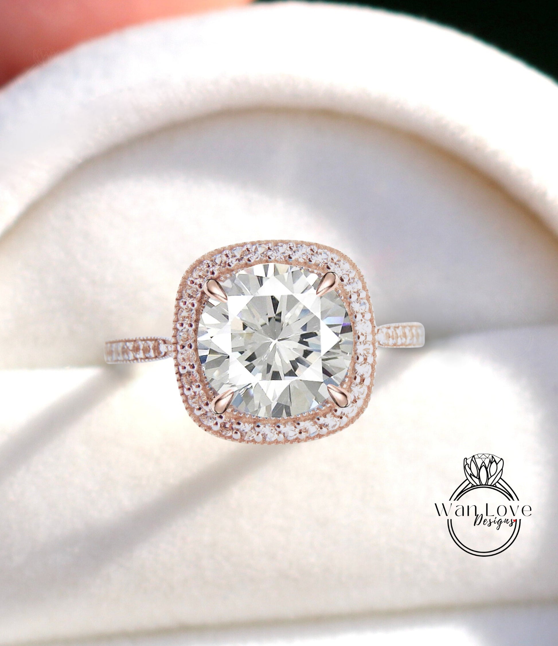 Diamond Engagement Ring white gold band vintage Cushion milgrain halo ring round Lab Diamond prong art deco Bridal Anniversary Promise ring Wan Love Designs